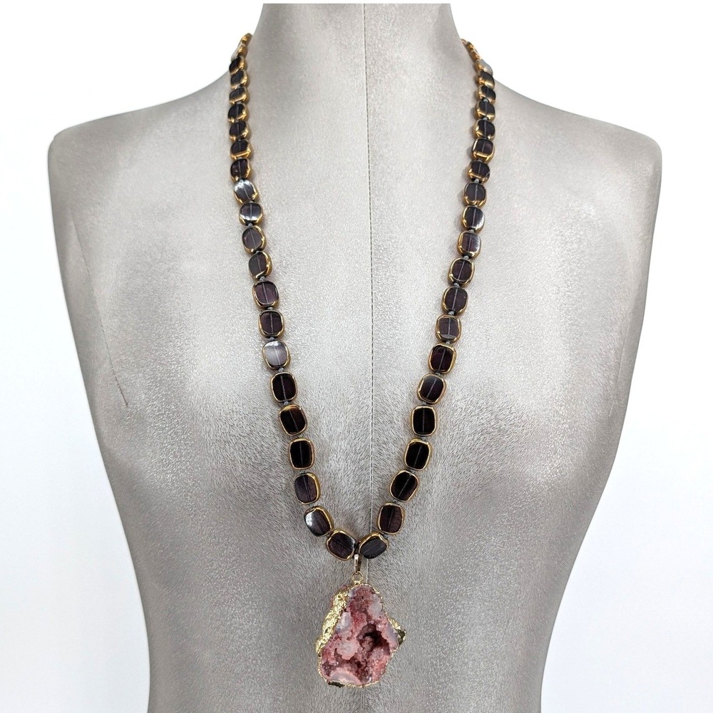 Philippe Ferrandis Paris Pink Druzy Geode & Purple Glass‎ Statement Necklace